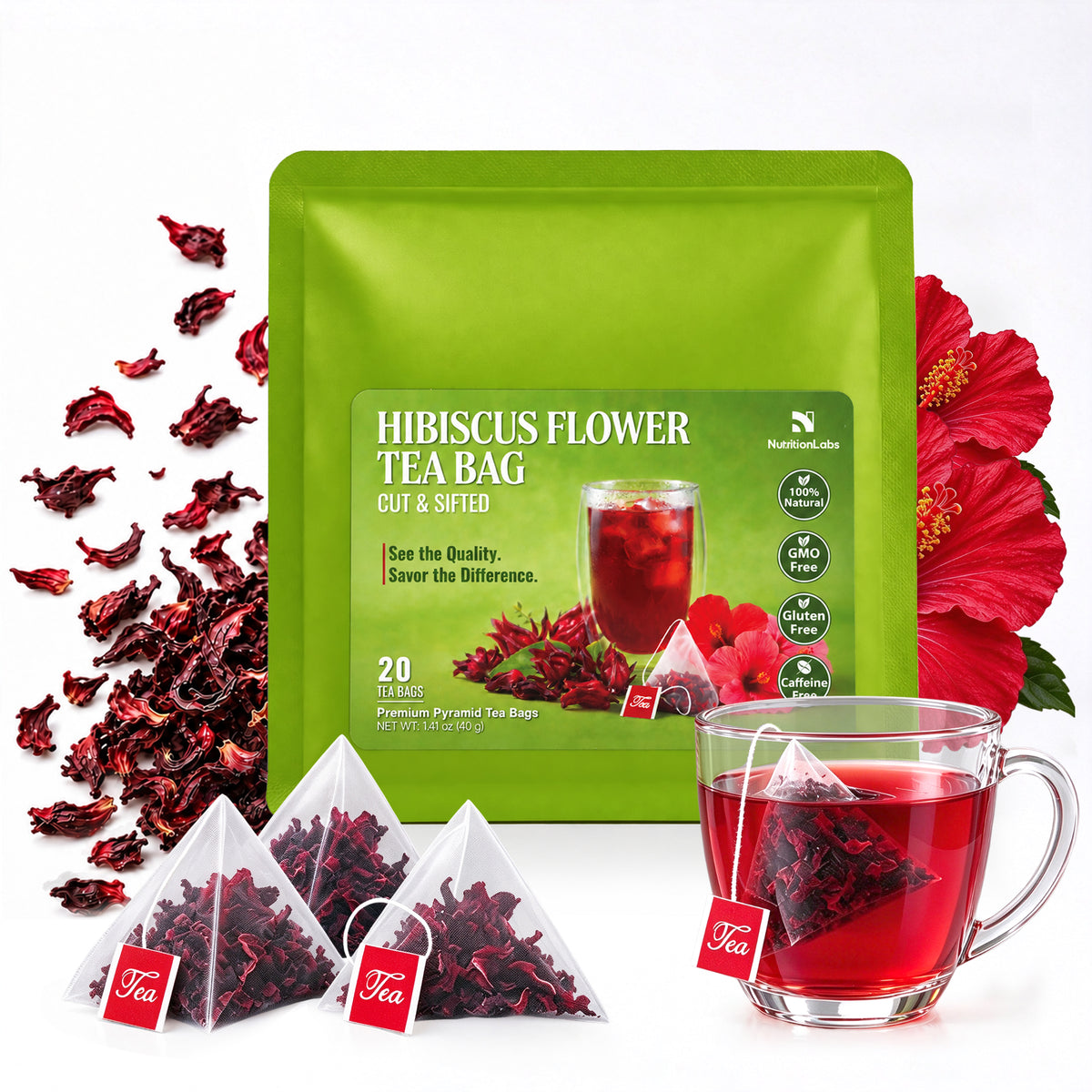 Hibiscus Flower Tea Bags – 100% Real Hibiscus, Pyramid Tea Bags
