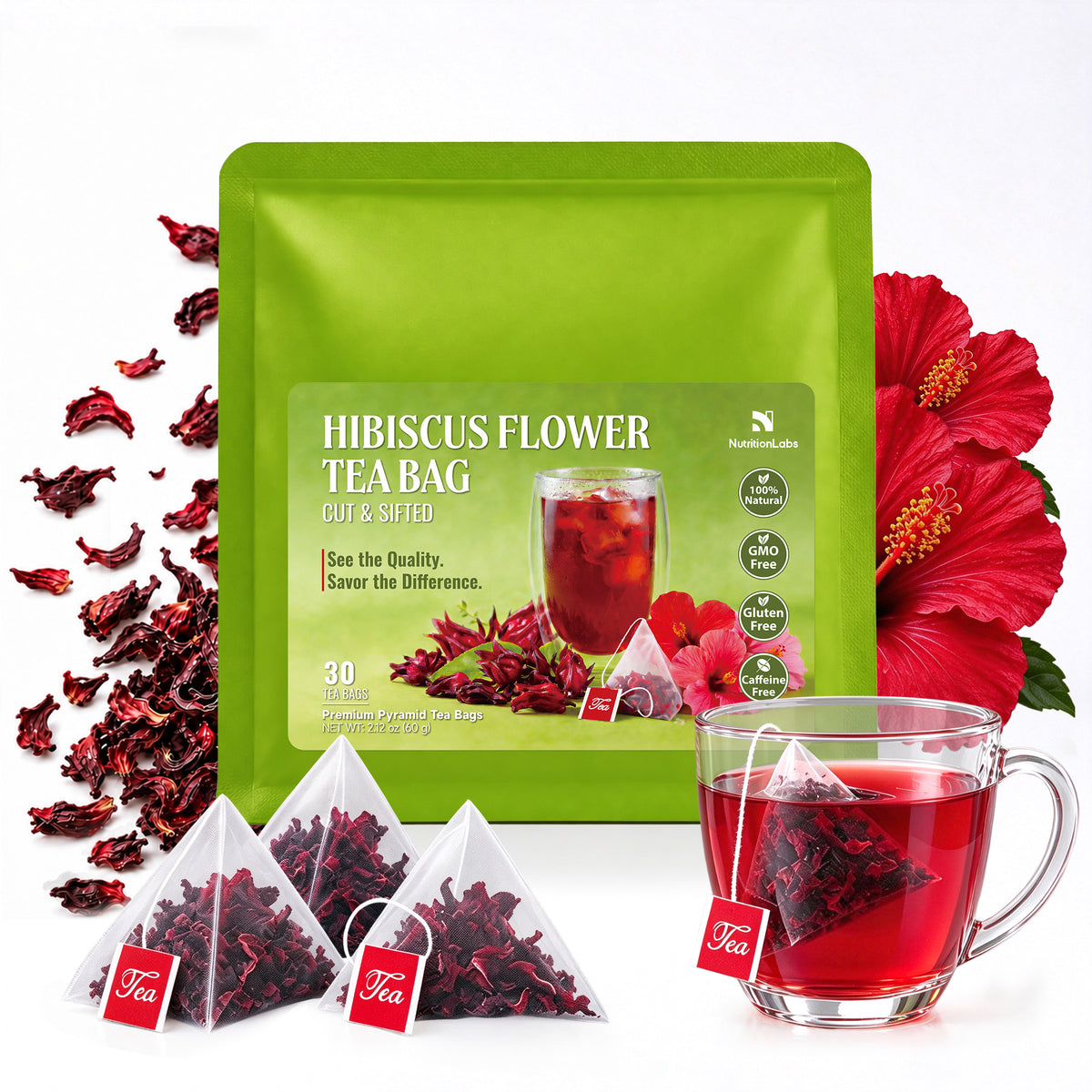 Hibiscus Flower Tea Bags – 100% Real Hibiscus, Pyramid Tea Bags