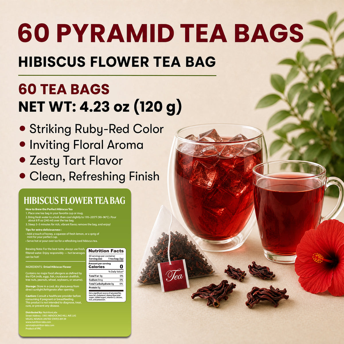 Hibiscus Flower Tea Bags – 100% Real Hibiscus, Pyramid Tea Bags
