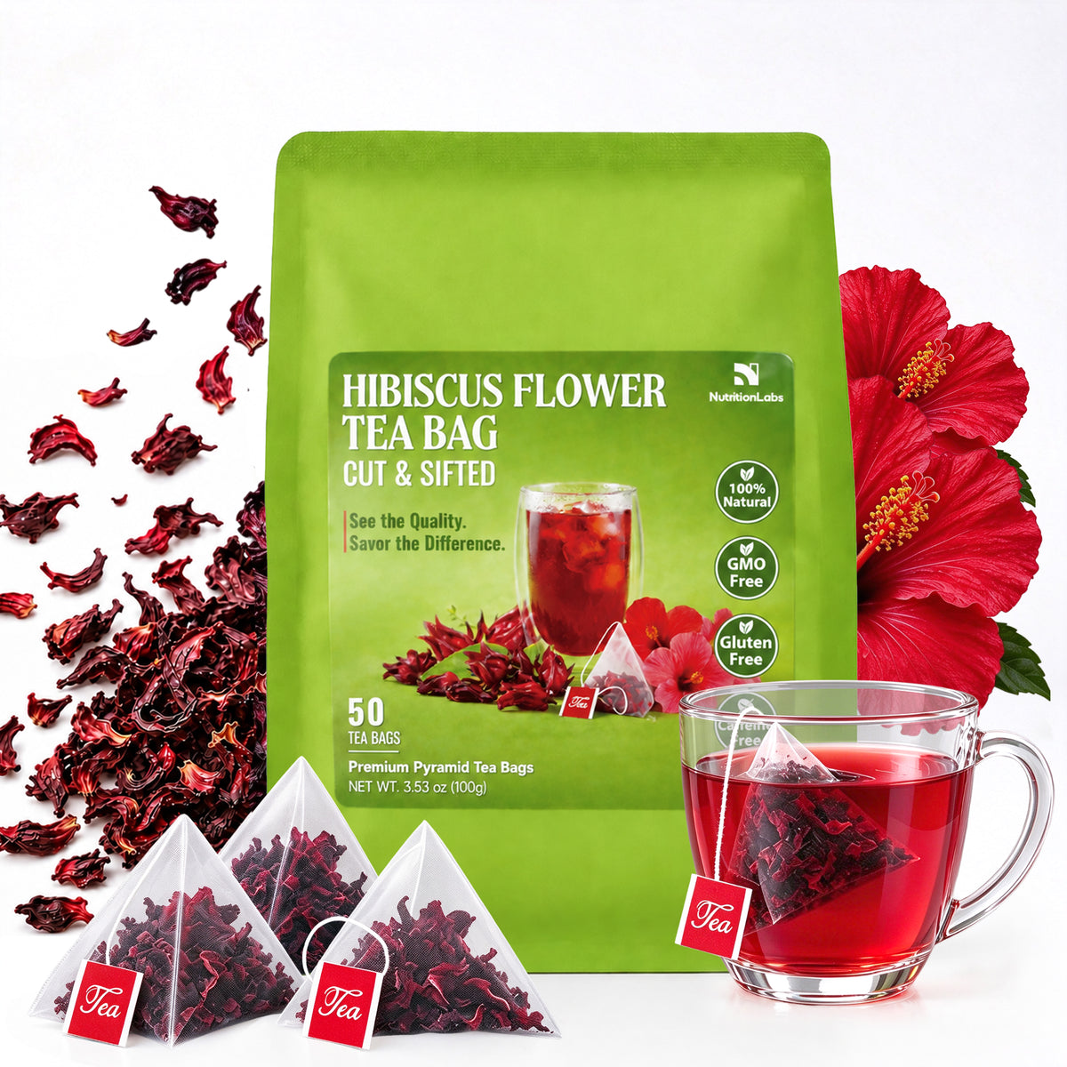 Hibiscus Flower Tea Bags – 100% Real Hibiscus, Pyramid Tea Bags