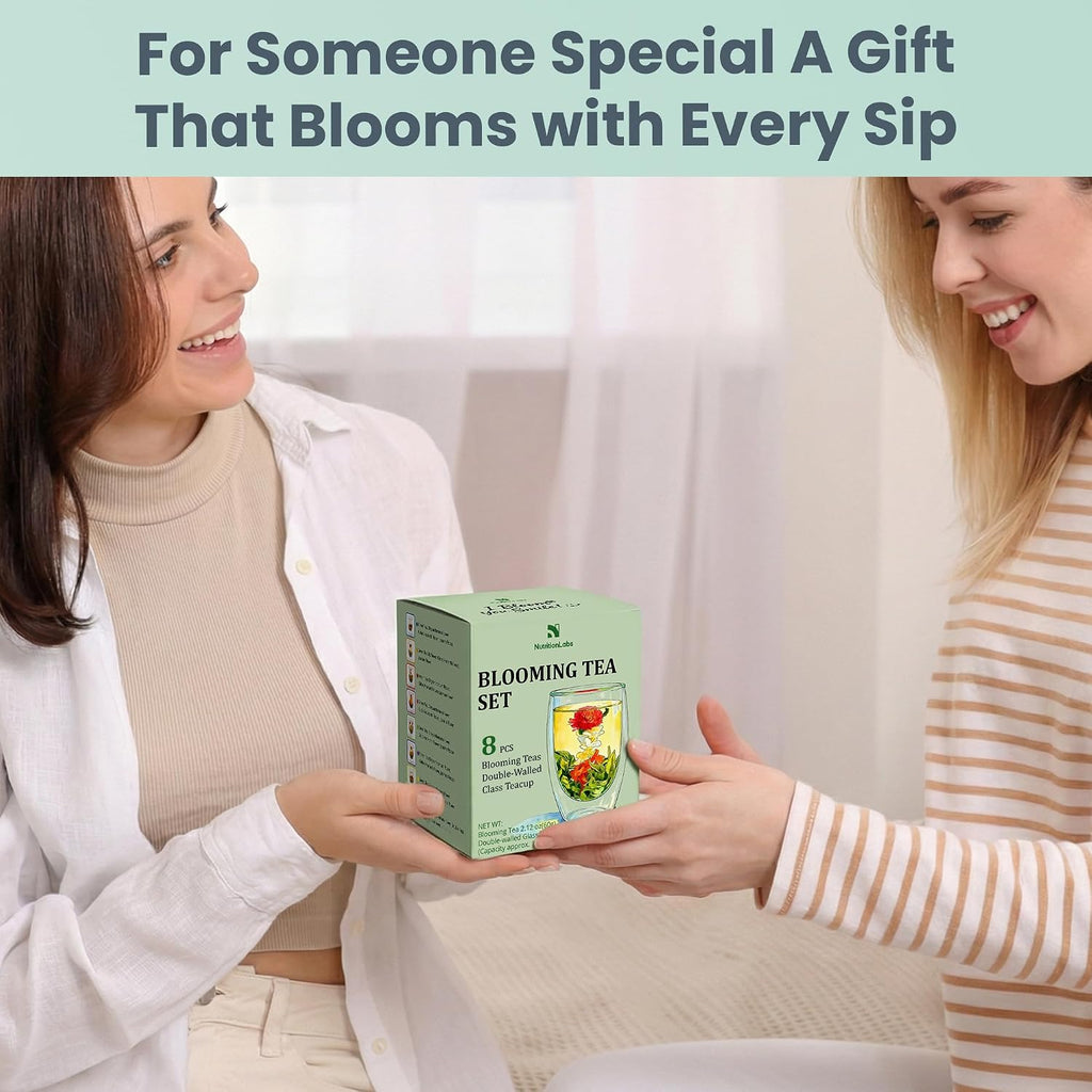 Blooming Tea Gift Set – 8 Flowering Tea Balls with Double-Walled Glass Cup