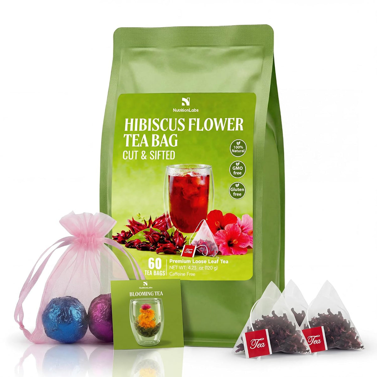 Hibiscus Flower Tea Bags – 100% Real Hibiscus, 60 Pyramid Tea Bags