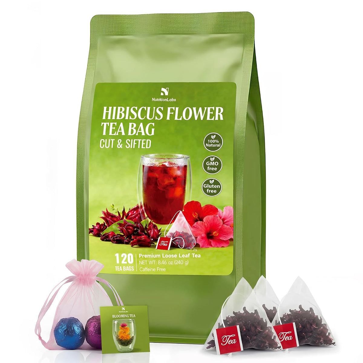 Hibiscus Flower Tea Bags – 100% Real Hibiscus, 60 Pyramid Tea Bags