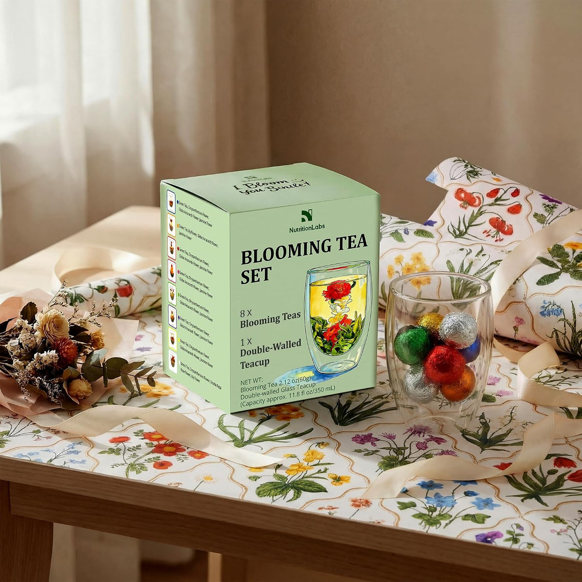 Blooming Tea Gift Set – 8 Flowering Tea Balls with Double-Walled Glass Cup