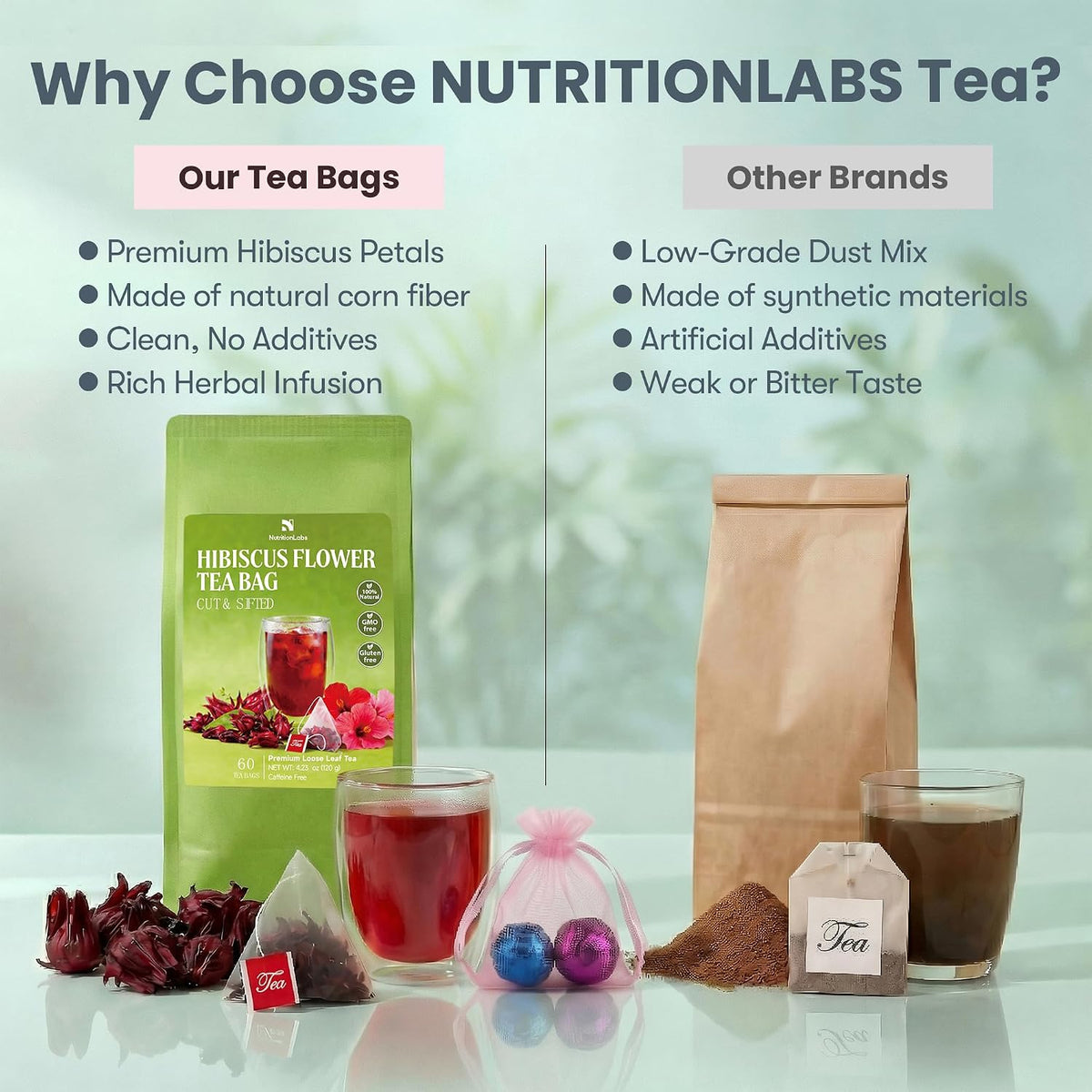Hibiscus Flower Tea Bags – 100% Real Hibiscus, 60 Pyramid Tea Bags