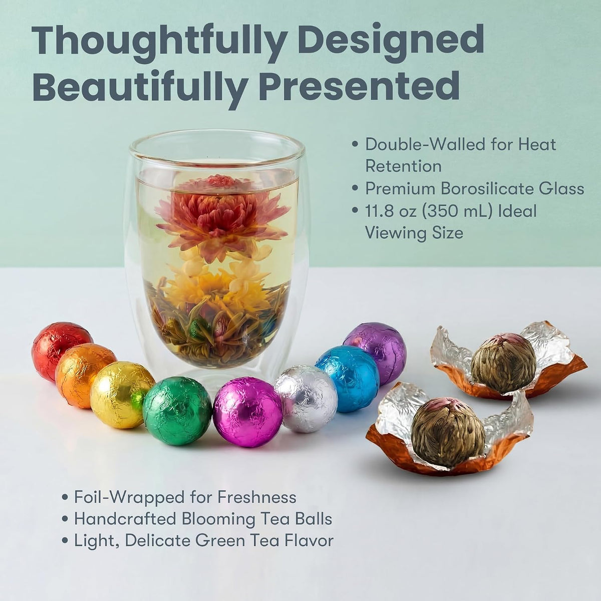 Blooming Tea Gift Set – 8 Flowering Tea Balls with Double-Walled Glass Cup