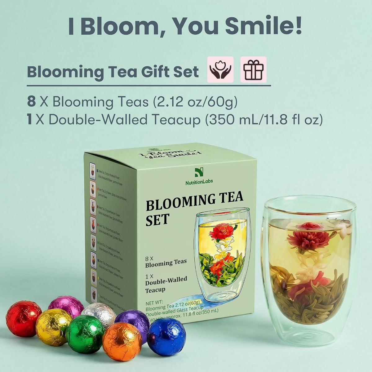 Blooming Tea Gift Set – 8 Flowering Tea Balls with Double-Walled Glass Cup