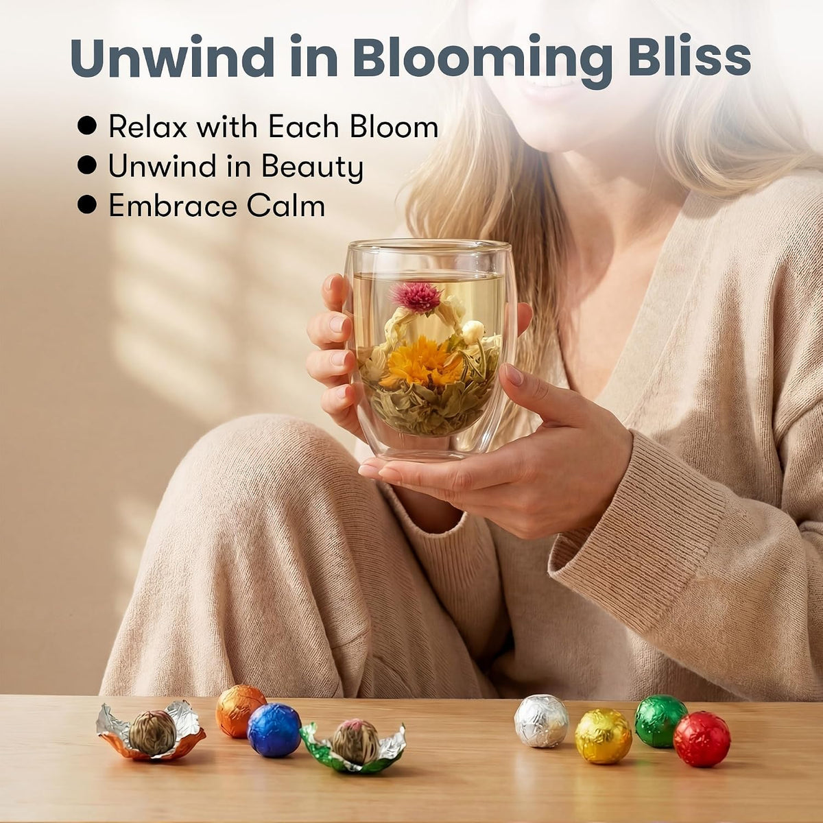 Blooming Tea Gift Set – 8 Flowering Tea Balls with Double-Walled Glass Cup