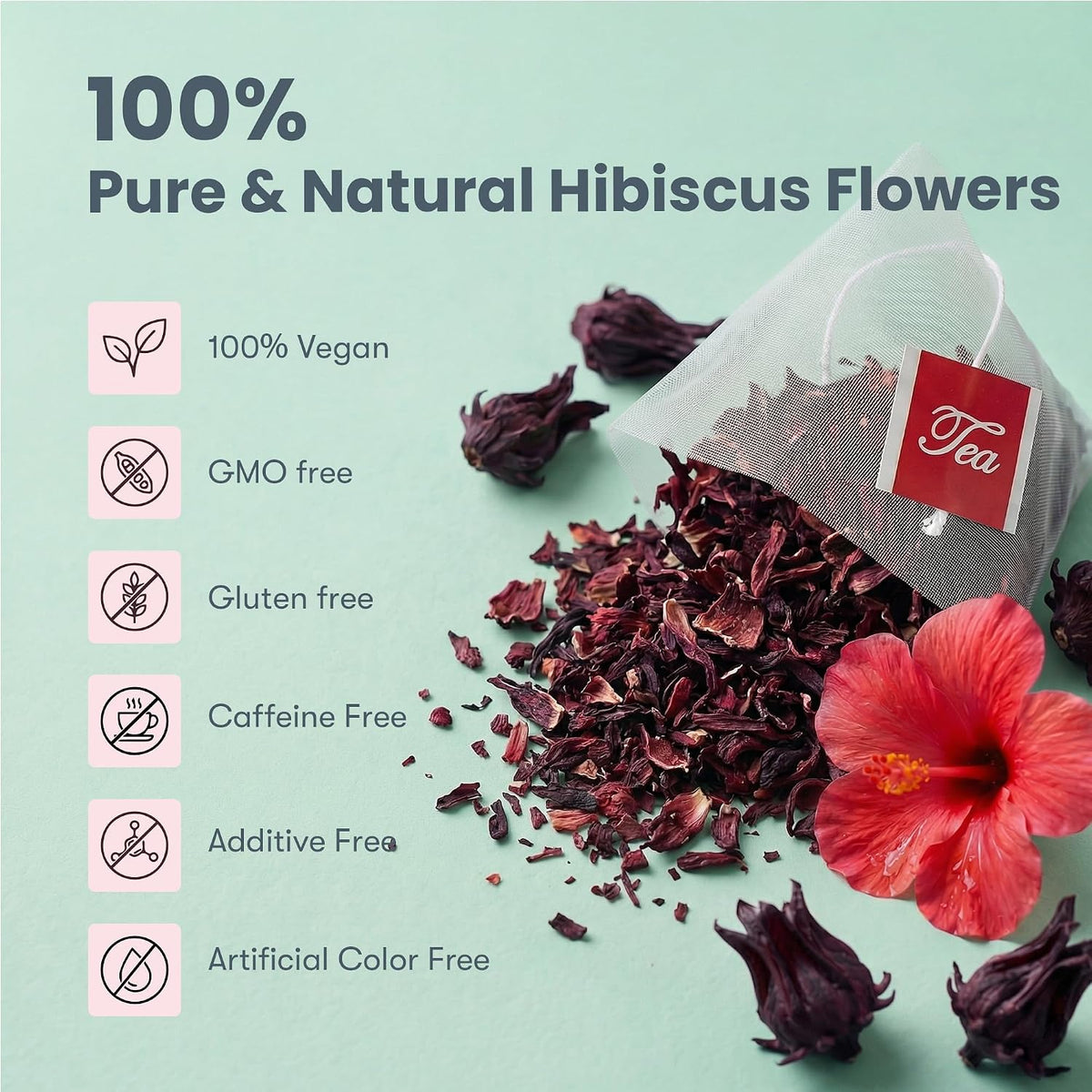 Hibiscus Flower Tea Bags – 100% Real Hibiscus, 60 Pyramid Tea Bags
