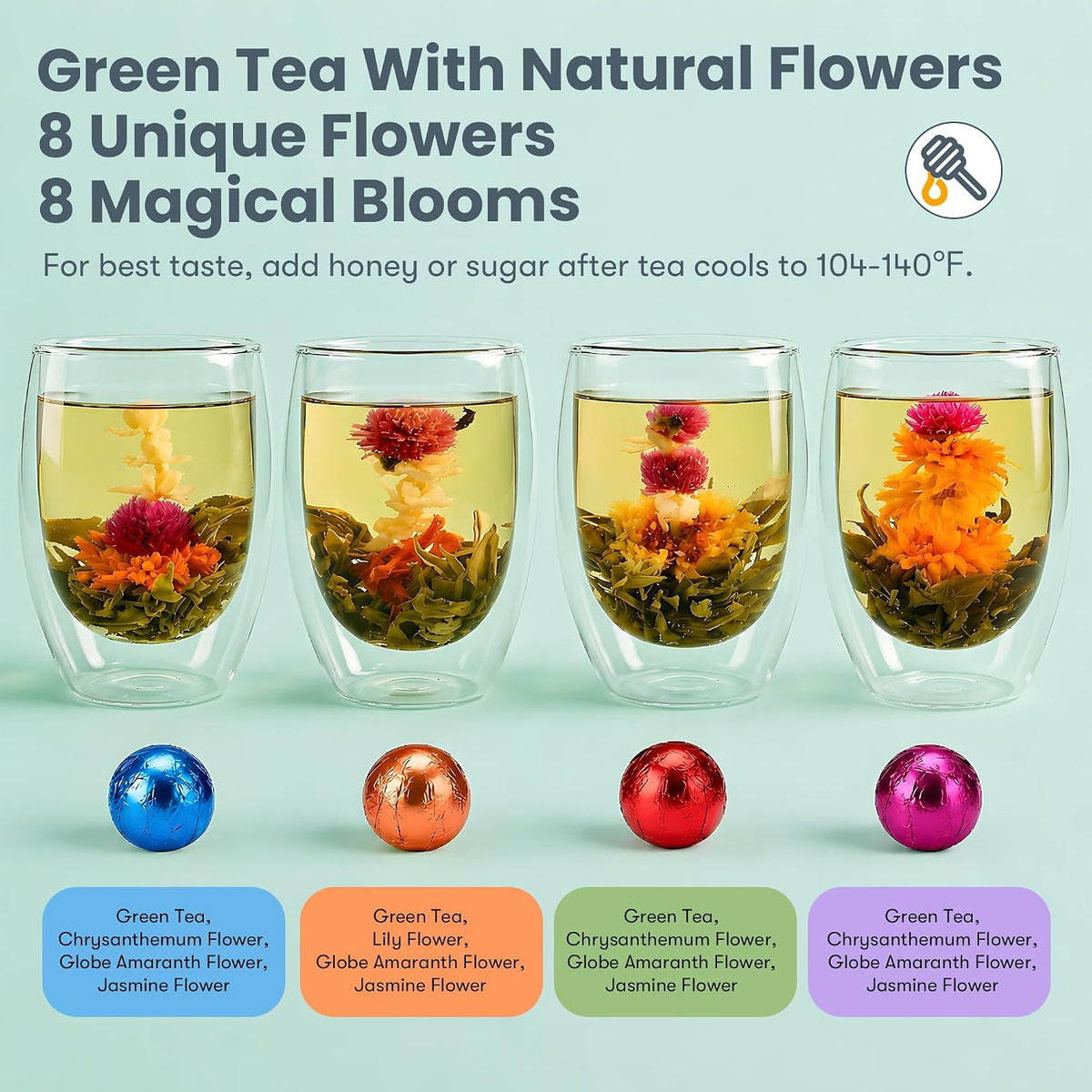 Blooming Tea Gift Set – 8 Flowering Tea Balls with Double-Walled Glass Cup