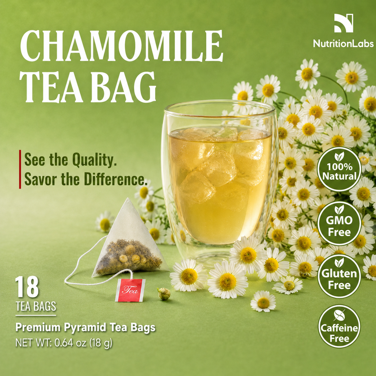 Chamomile Tea Bags – Premium Pyramid Tea Bags, Caffeine-Free Herbal Tea