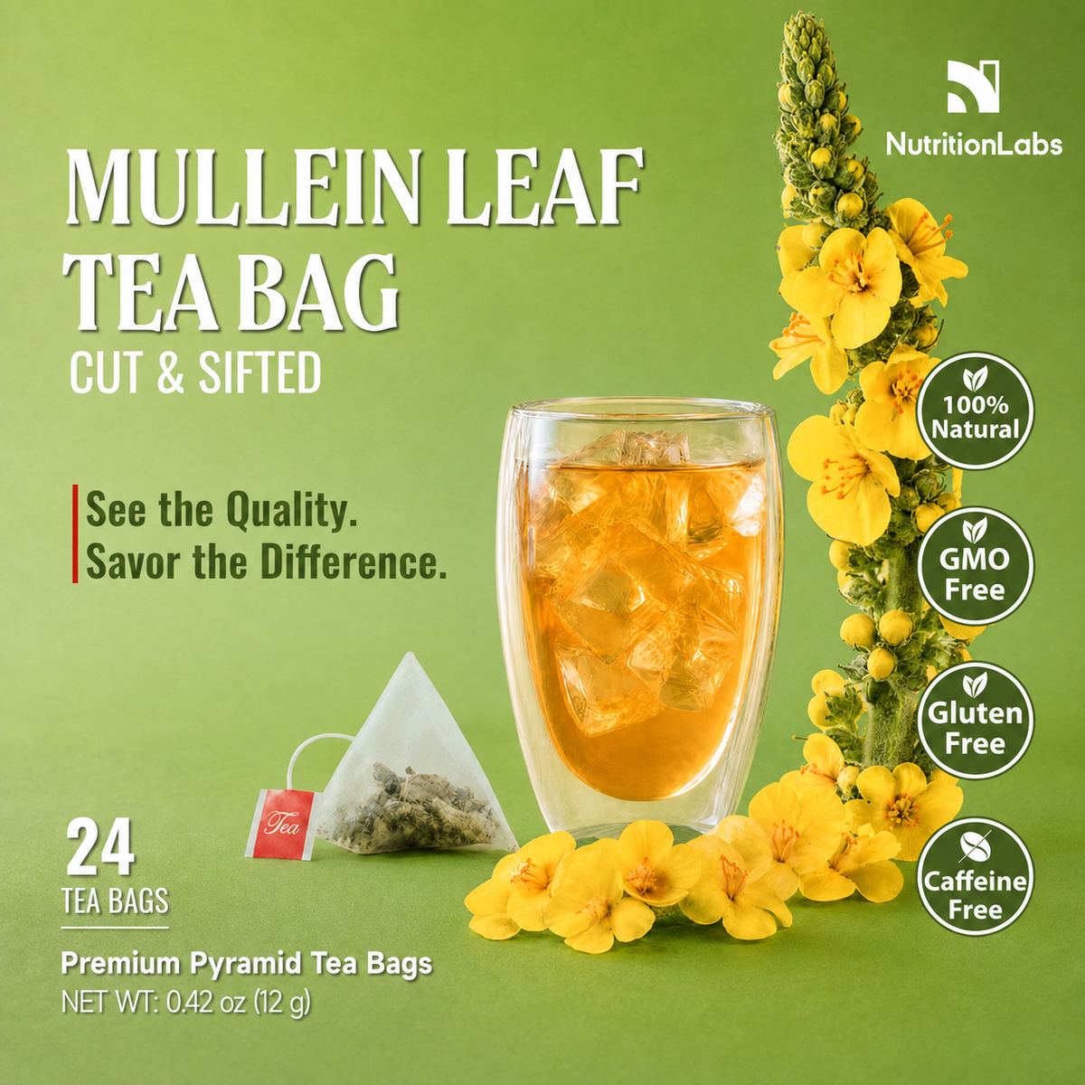 Mullein Leaf Tea Bags – Cut & Sifted, Premium Pyramid Tea Bags